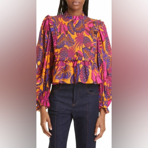 Farm Rio Fruit Dream Smocked Balloon Sleeve Top Size Medium - Picture 2 of 8